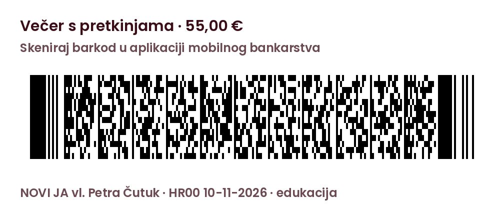 Barkod za uplatu 55,00 € za Večer s pretkinjama